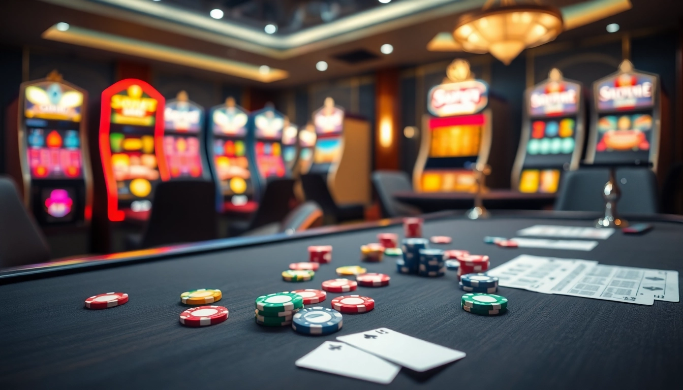 Experience Sbobet login terbaru at a stylish casino, highlighting poker chips and betting slips.