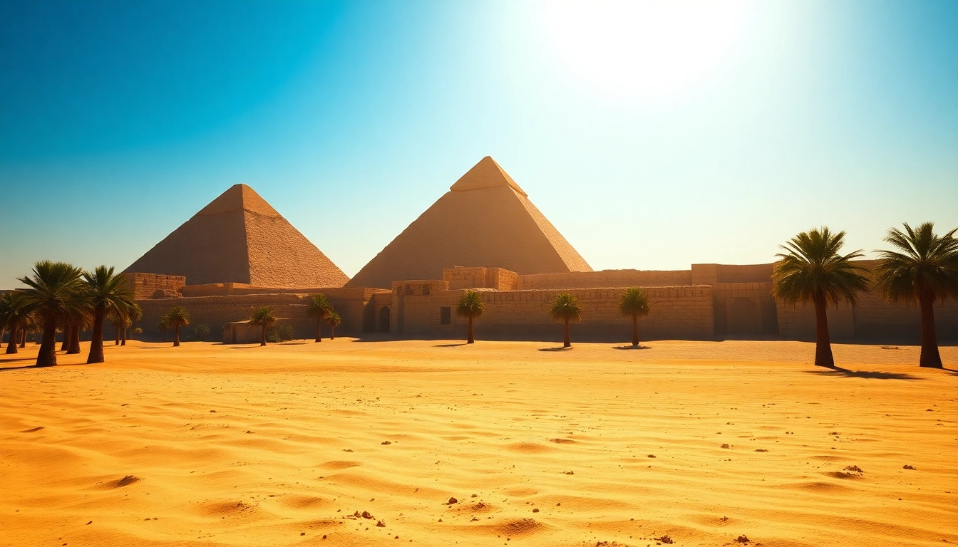 View majestic piraminds set against a vibrant desert landscape, highlighting their grandeur.