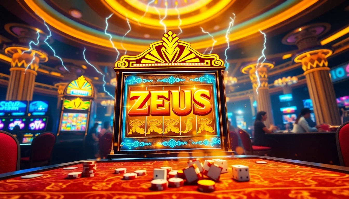 Experience the excitement of the zeus slot machine with vibrant lights and gambling elements.