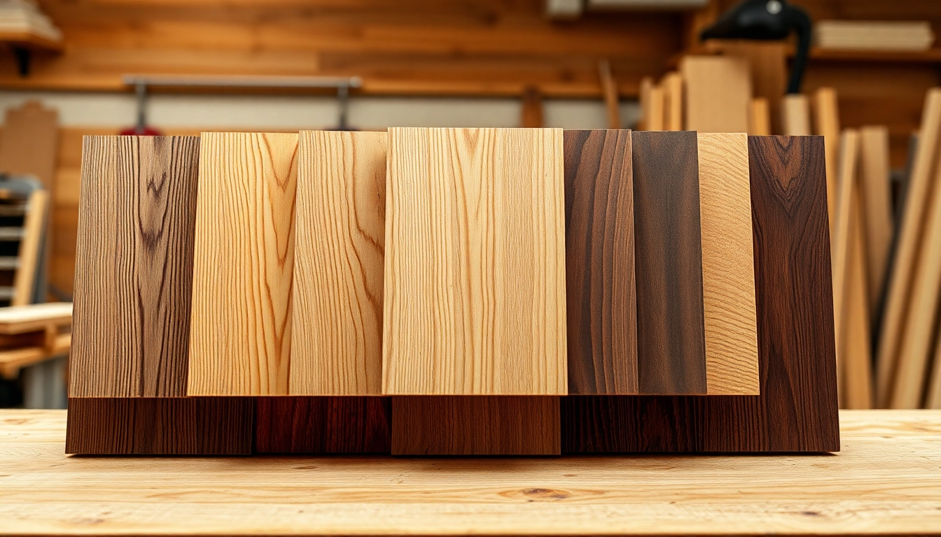 Showcase high-quality wood veneer sheets with intricate grain patterns on a wooden workbench.