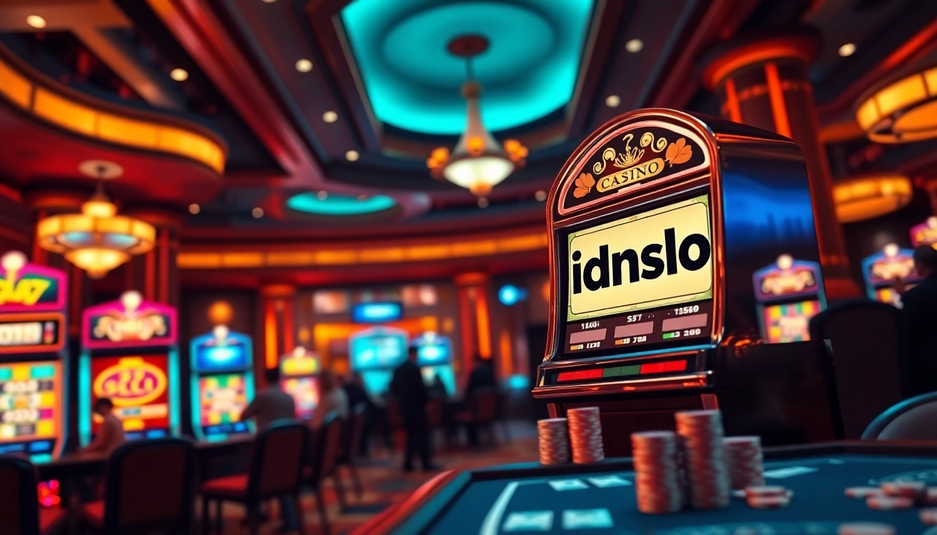 Experience thrills at idnslot with vibrant slot machines and engaged players in a luxurious casino setting.