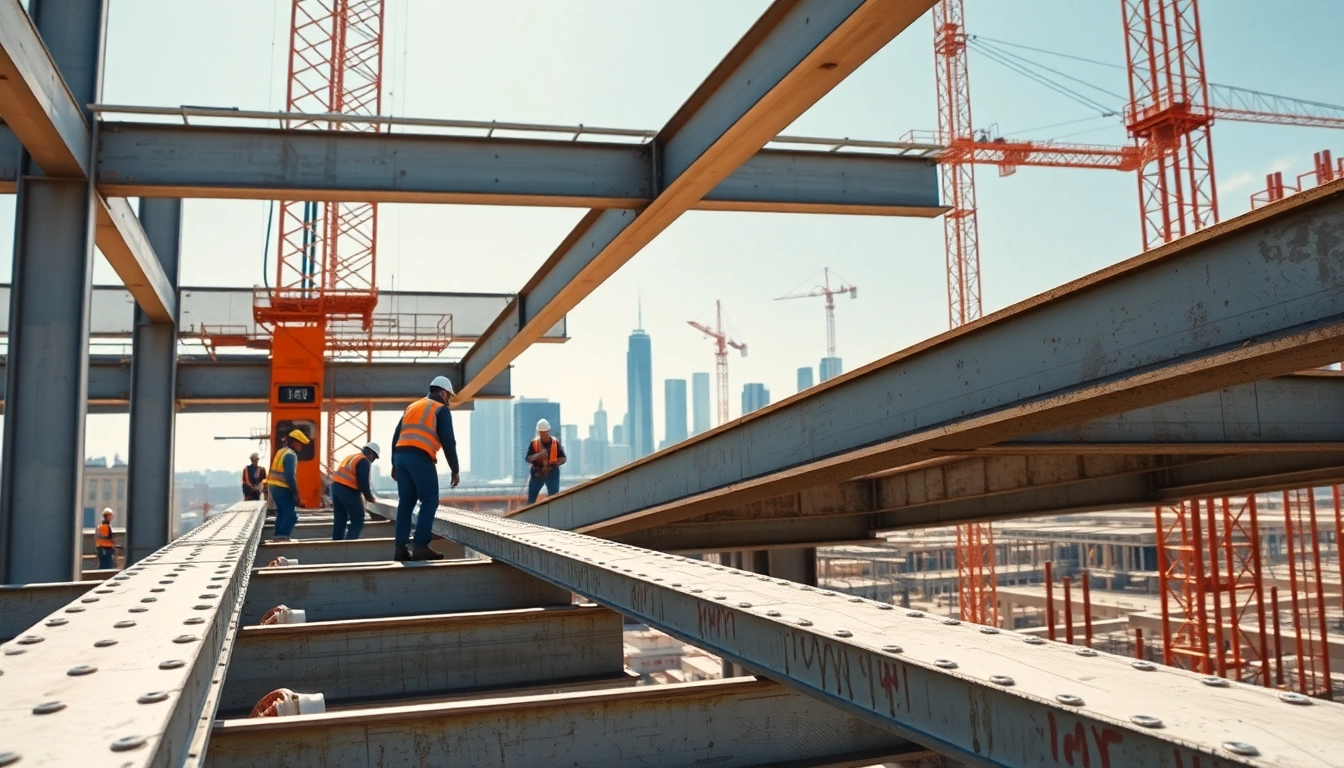 Workers engaging in structural steel construction at an active site, showcasing progress and teamwork.