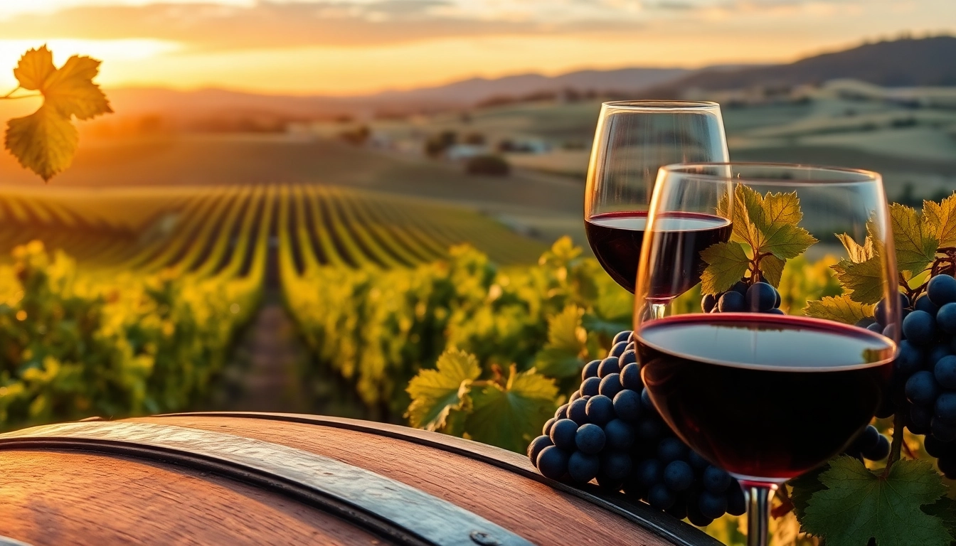 Enjoying wineries in Clarksburg with sunset view, vineyard grapes, and rustic barrel.