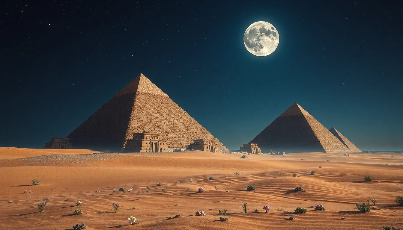 Piraminds illuminated under a starry sky with blooming desert flowers in the foreground.