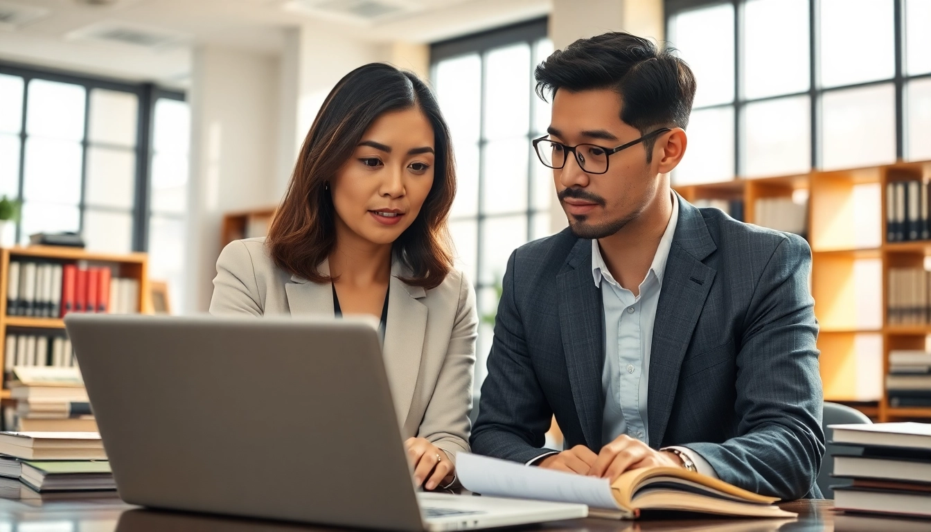 Engaged intellectual property lawyer consulting with a client in a bright office.