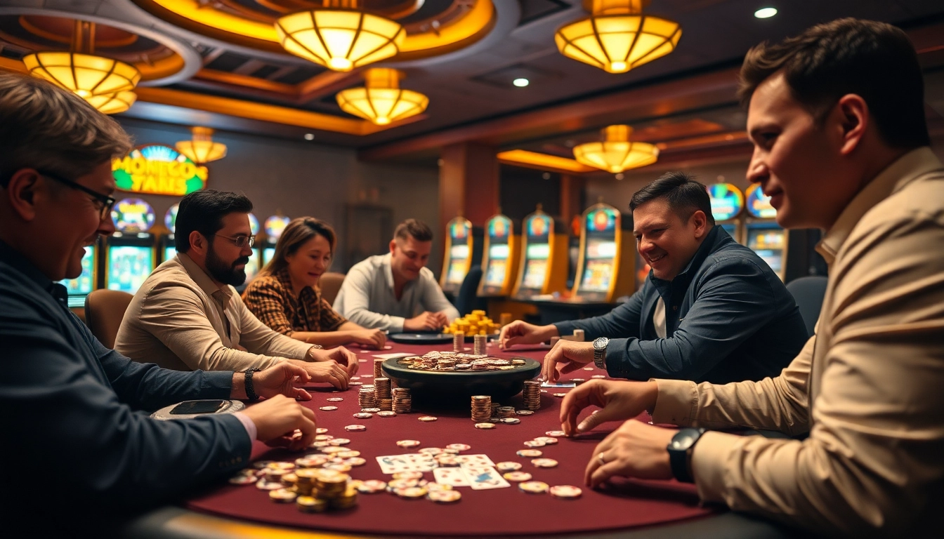 Experience a thrilling gambling atmosphere where players engage in link mahjong and poker, surrounded by vibrant casino action.