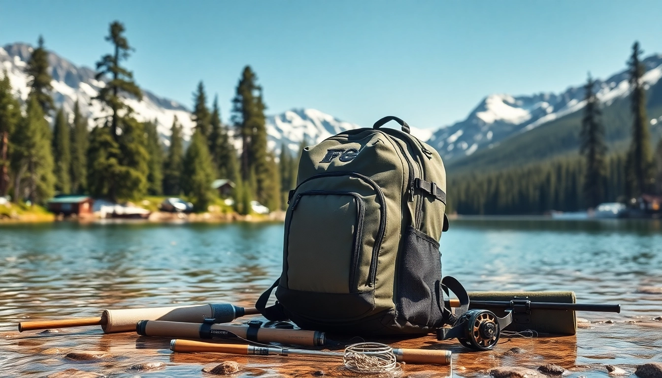 Fly fishing backpack showcased in an alpine lake scene, offering a glimpse of adventure in nature.