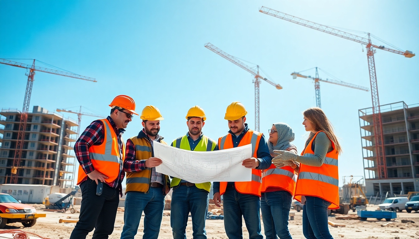 Construction trade schools in Texas showcase professionals collaborating on a construction site with blueprints.