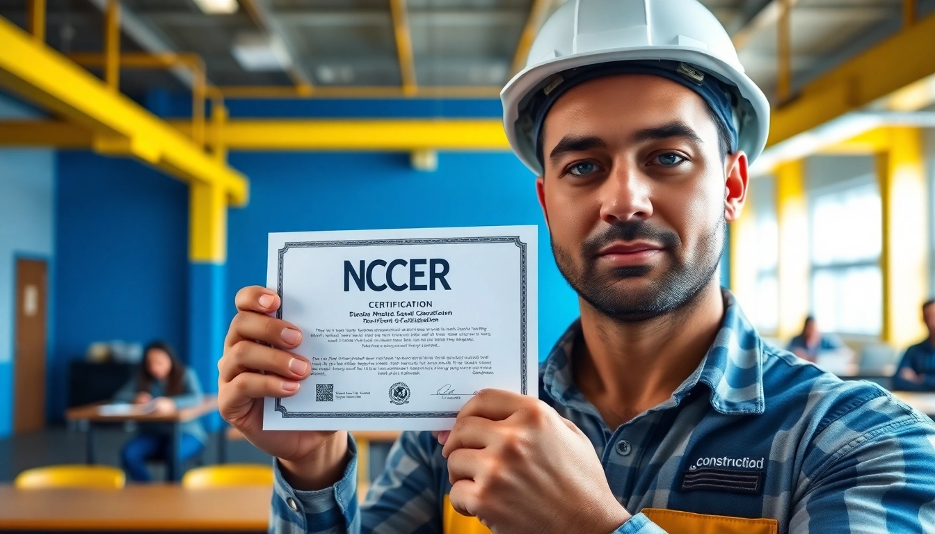 NCCER certification displayed by a construction worker in a busy training facility.