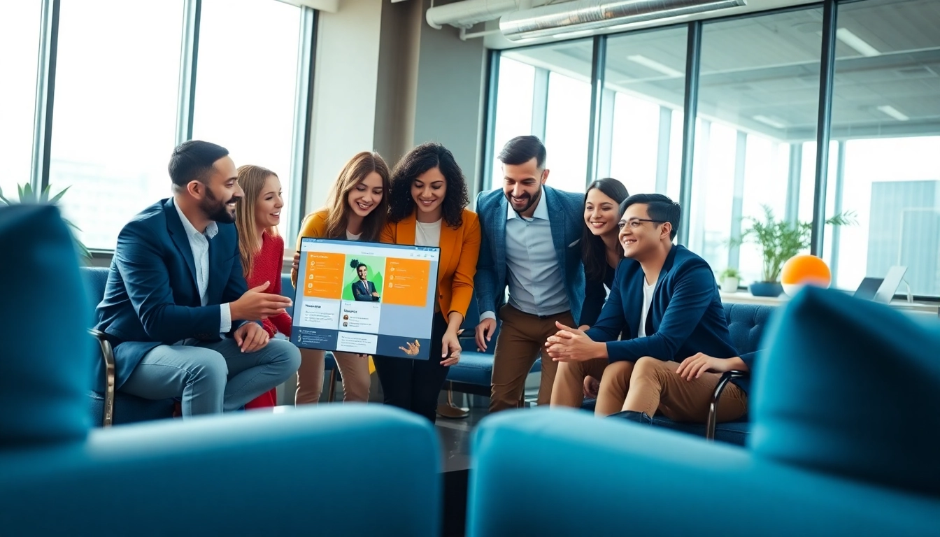 Illustration of a sales recruiting platform in a vibrant office highlighting teamwork.