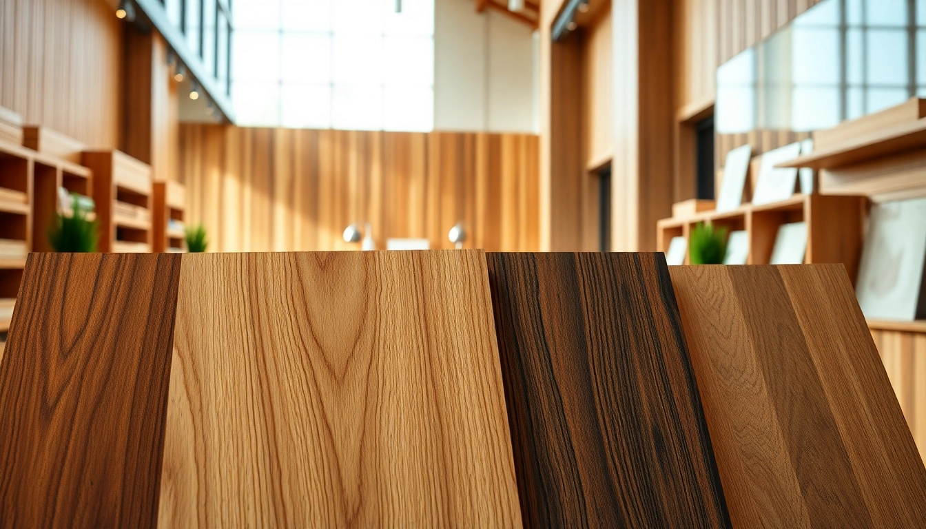 Showcasing wood veneer sheets with rich textures and natural tones in an elegant setting.
