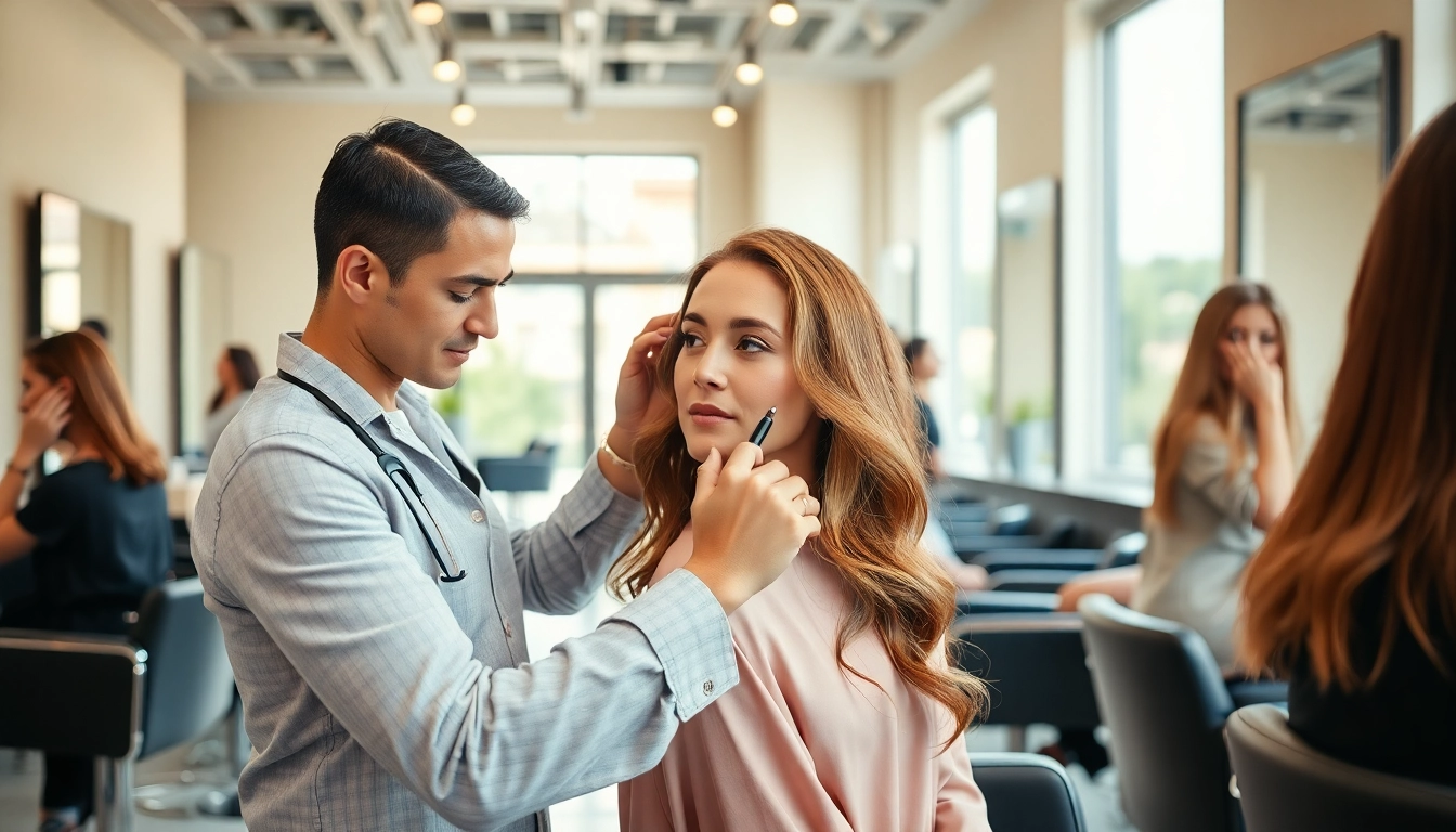 Hairstylist bucuresti working on a client's vibrant hair transformation in a modern salon.