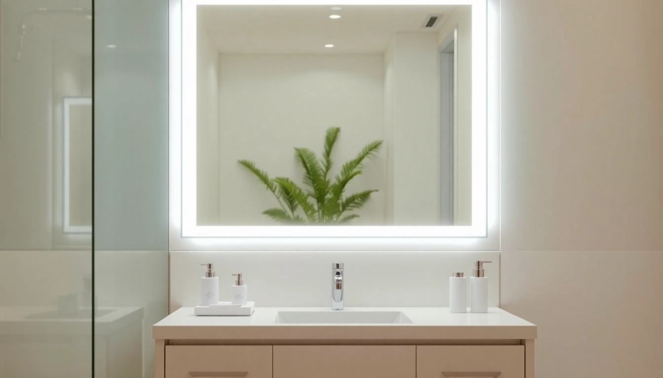 Illuminated bathroom mirror with led light enhancing the stylish vanity setup.