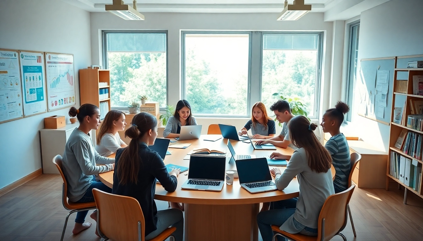 Dynamic classroom scene showcasing education with diverse students collaborating.
