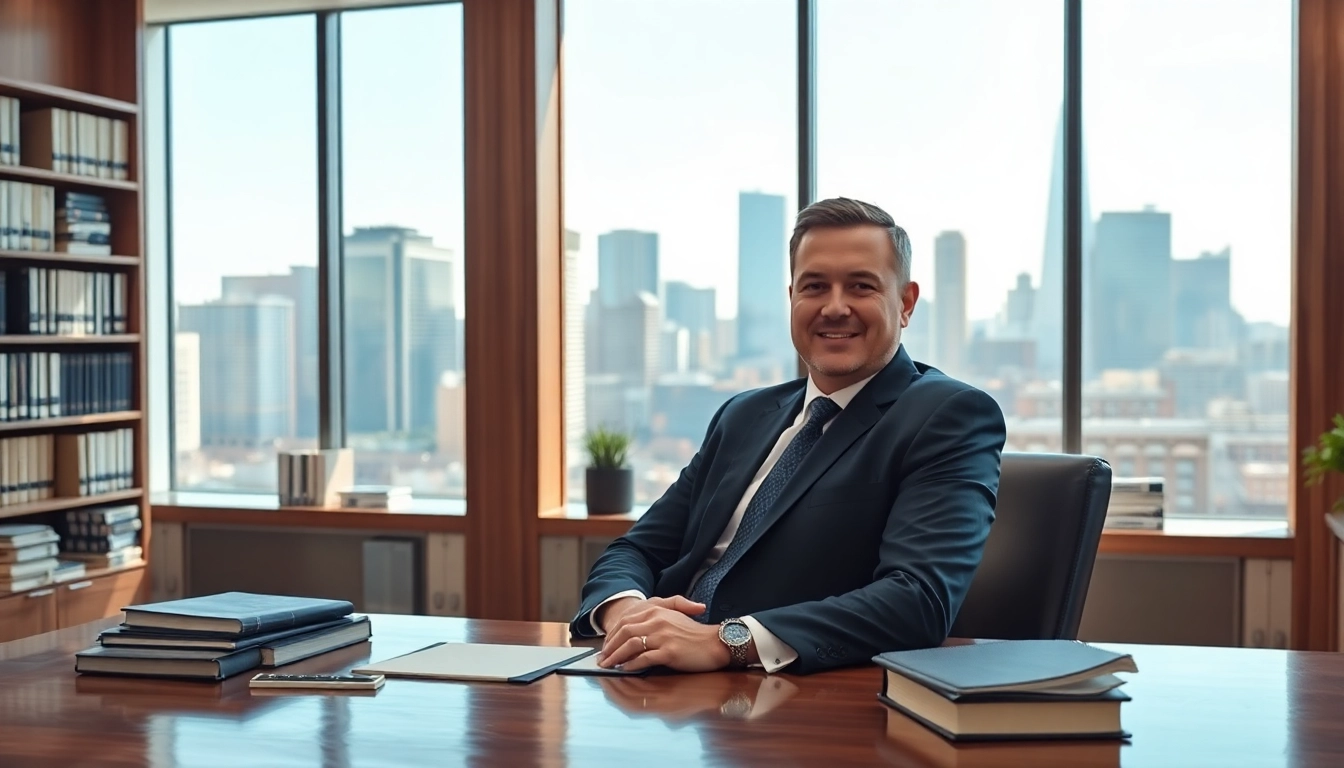 Eminent domain lawyer confidently consulting at a modern desk in a bright office setting.