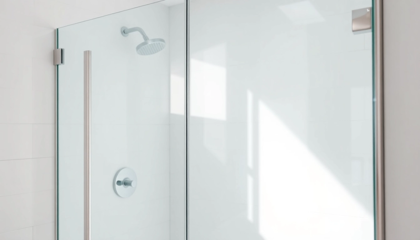 Elegant shower doors enhance a modern bathroom, featuring sleek glass and chrome details.