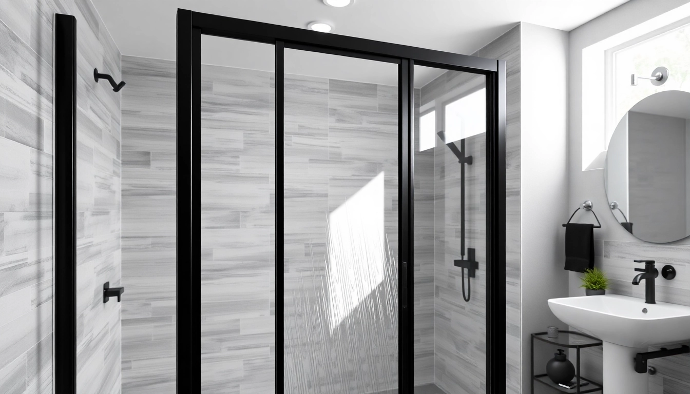 Showcase of the elegant black shower door black frame in a stylish modern bathroom.