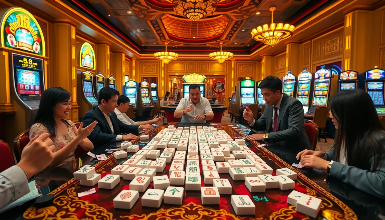 Mainkan link mahjong dengan ubin berwarna cerah dan pemain antusias di kasino mewah.