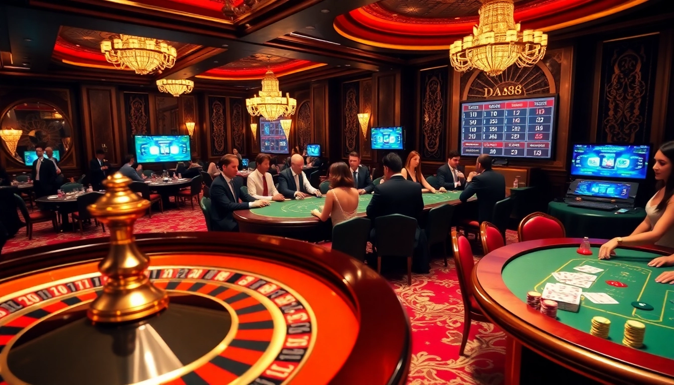 A vibrant casino atmosphere featuring high-stakes games and players engaged at the tables on trang chủ da88.