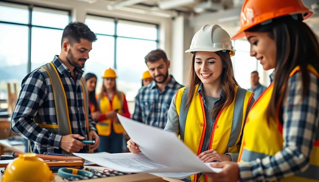 Engaged learners in construction education Colorado collaborating on a project in a bright classroom.