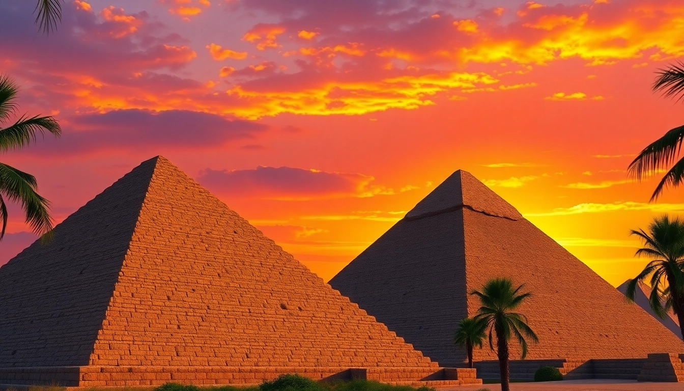 Pyraminds looming majestically against a colorful sunset backdrop, rich in history and detail.