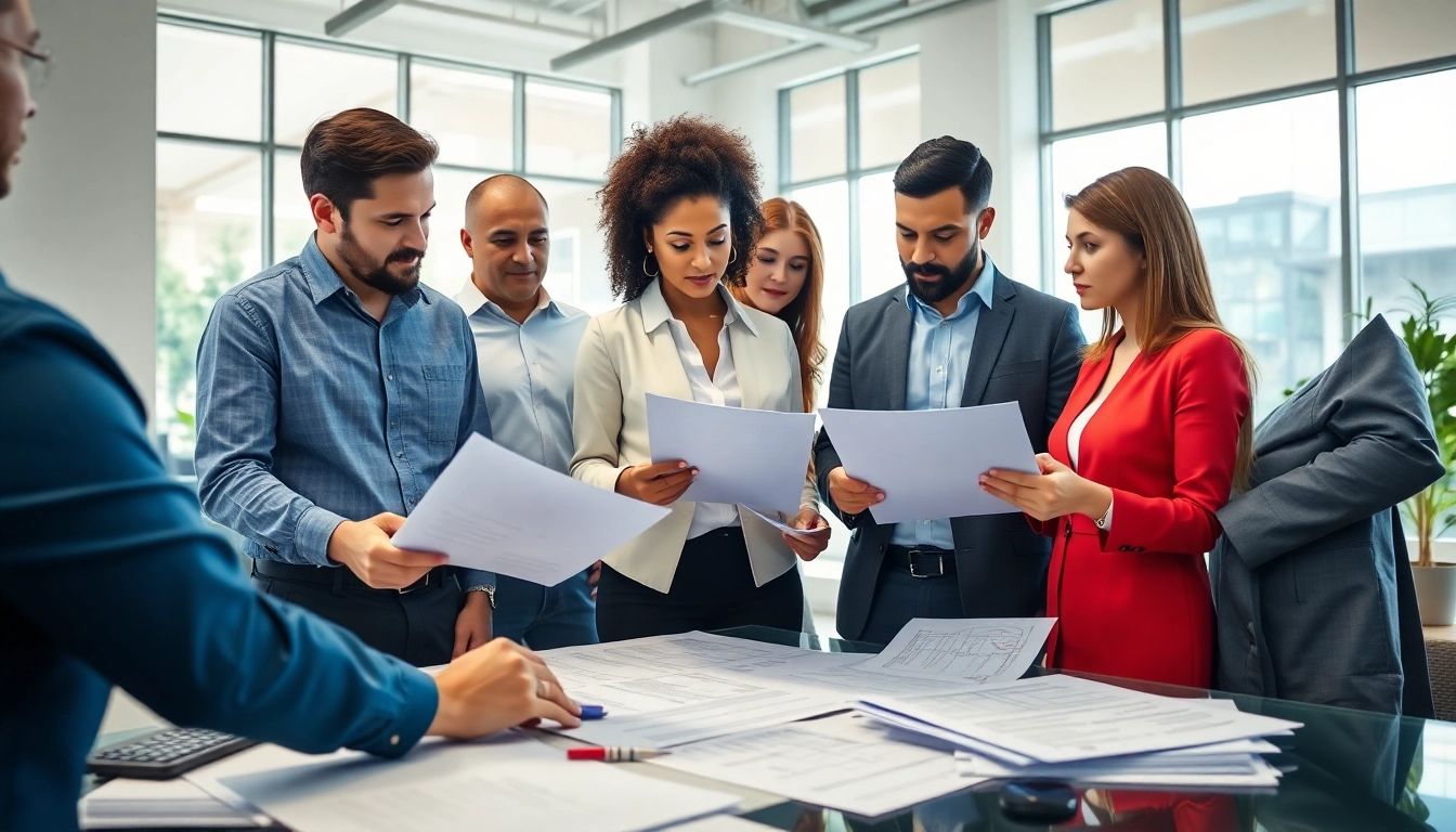 Focused team at an extended warranty provider discussing plans in a modern office.