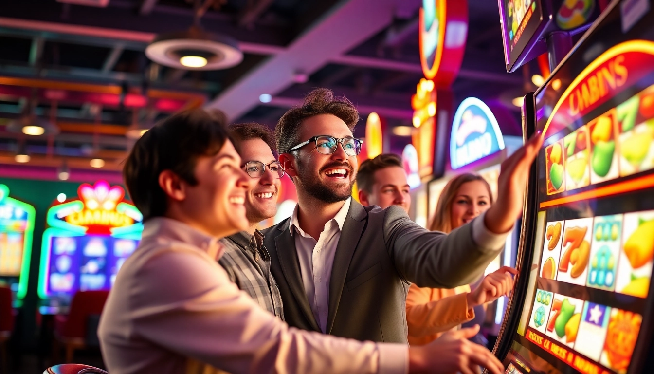 Menampilkan slot depo 1k dengan pemain yang merayakan kemenangan di kasino yang ceria.