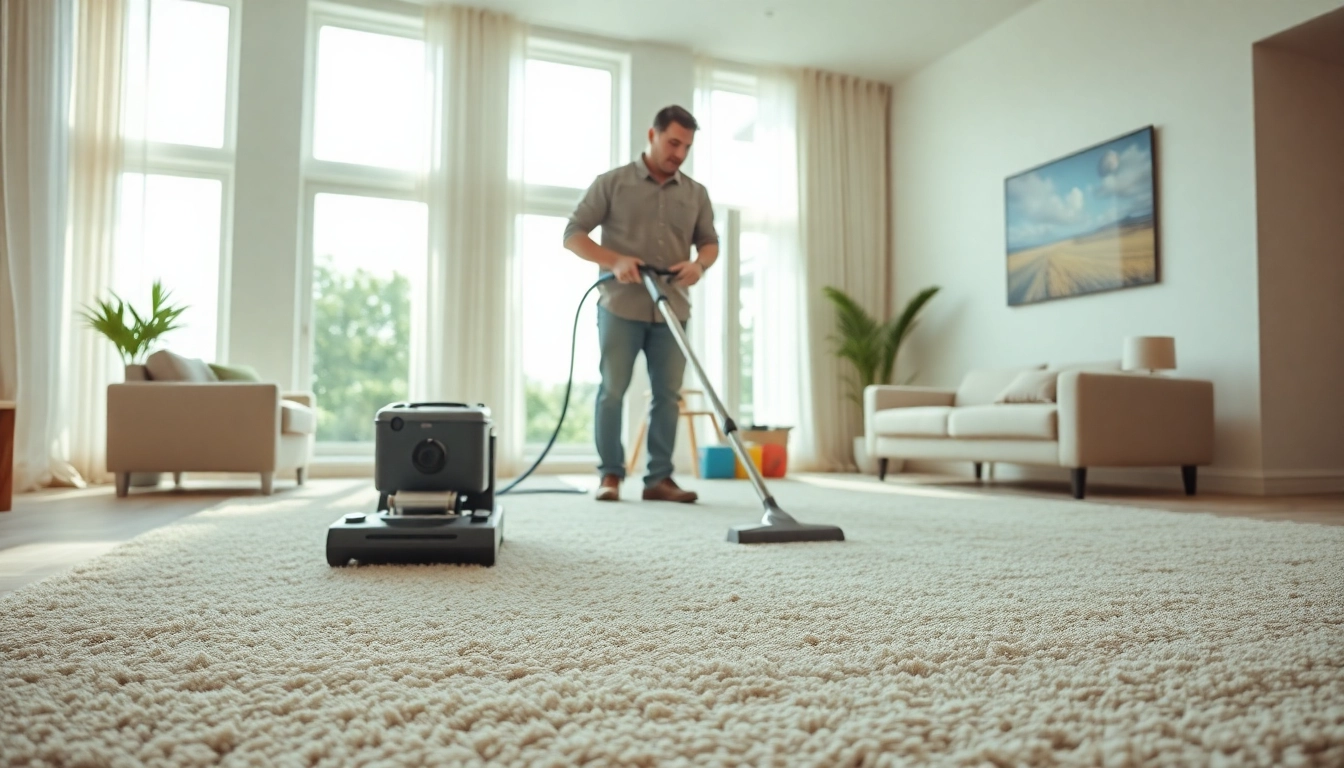 Carpet cleaning near me with a professional technician restoring bright, clean carpets in a modern living room.