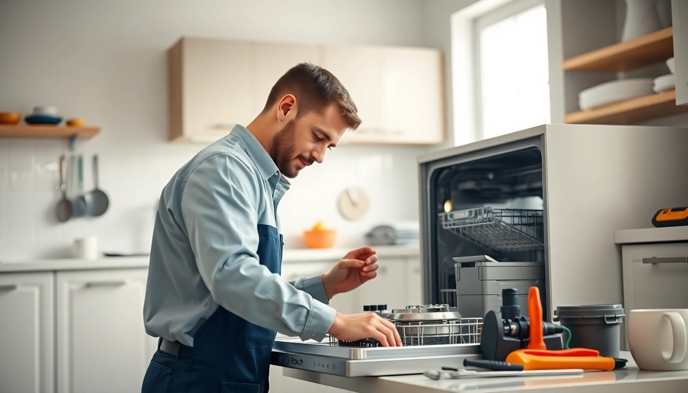 Expert conducting BOSCH dishwasher repair with tools in a clean kitchen environment.