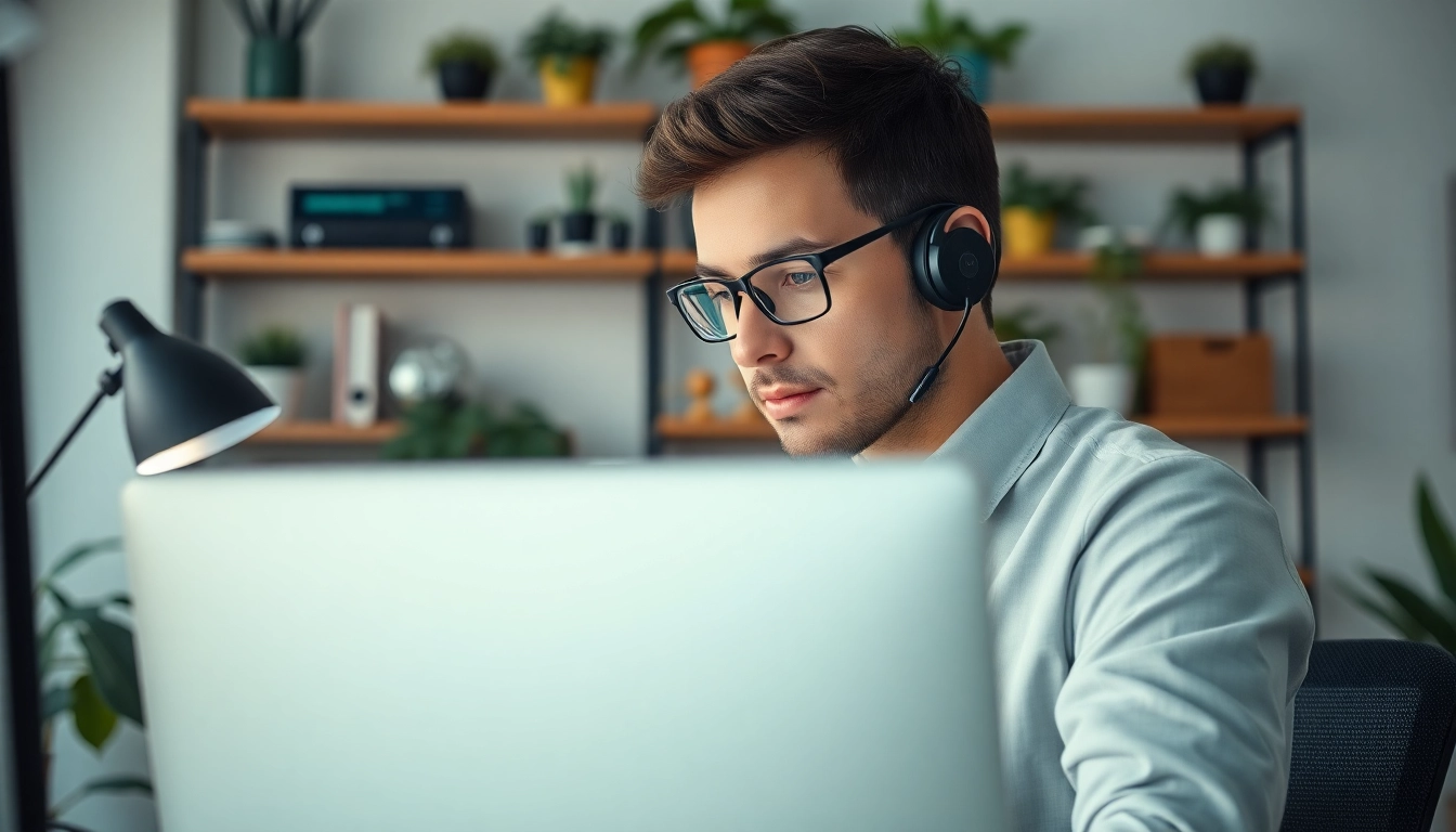 Providing residential IT support with a technician assessing systems in a well-organized home office.
