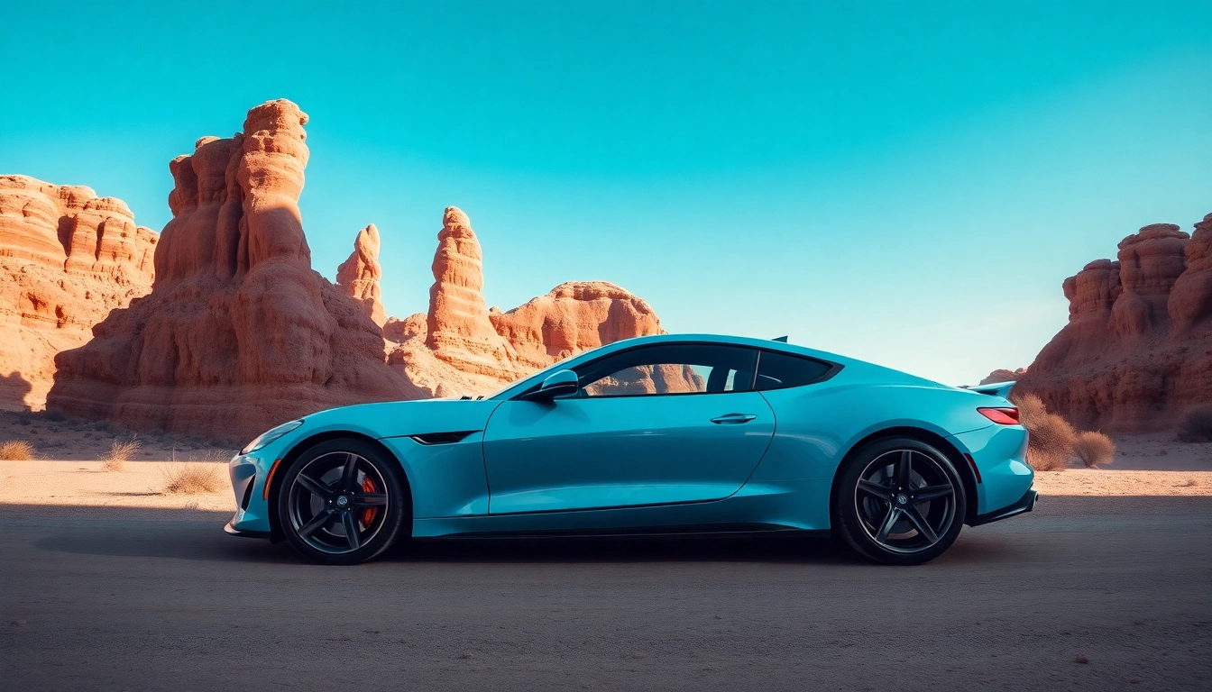 Showcasing das 142, a dynamic blue sports car against rugged desert rocks.