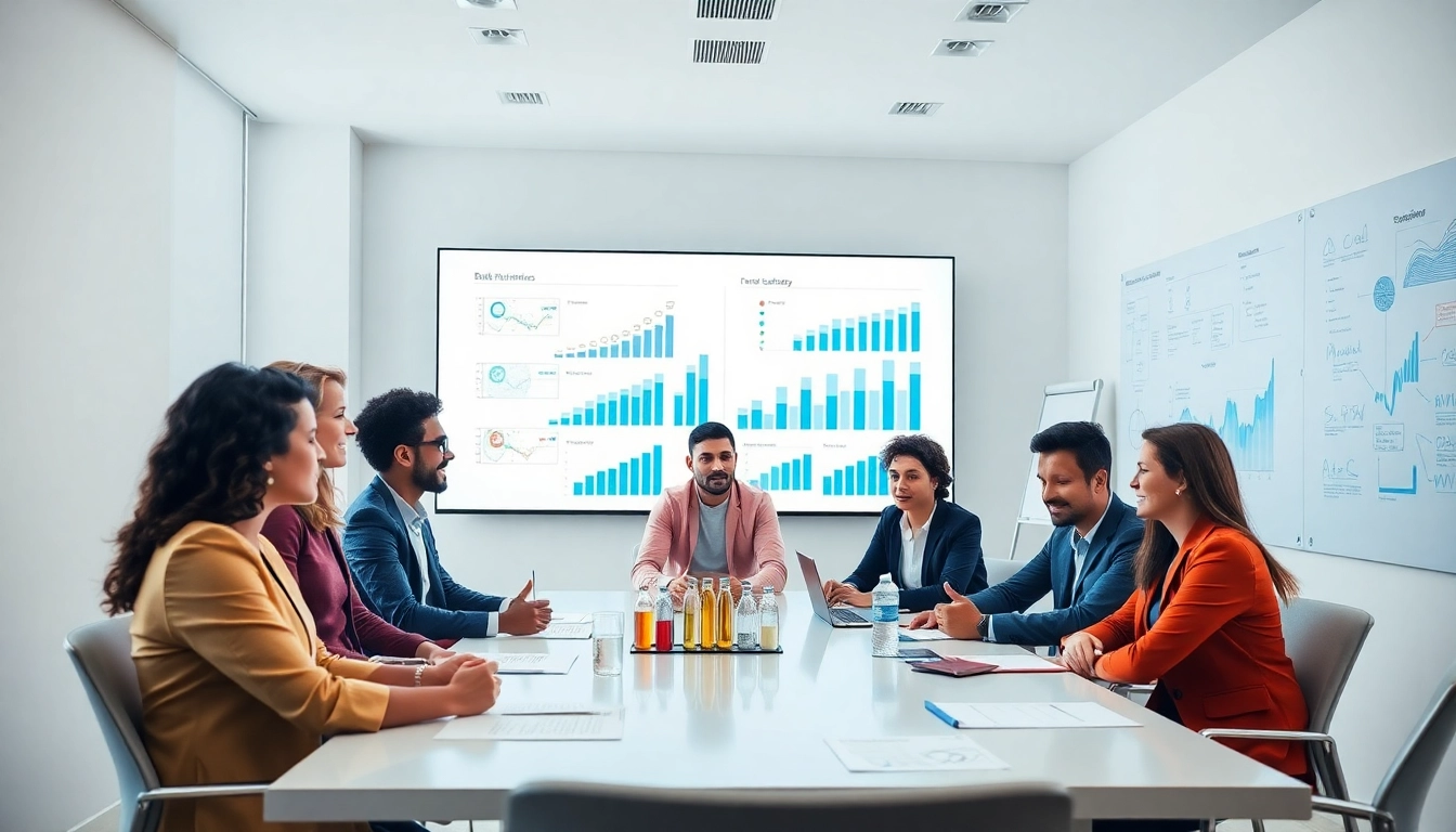 Evaluate business growth insights during a collaborative meeting in a modern office.