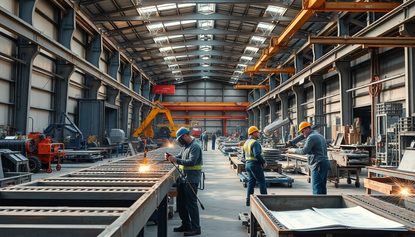 Workers in a steel fabrication shop practicing skilled techniques for constructing metal structures.