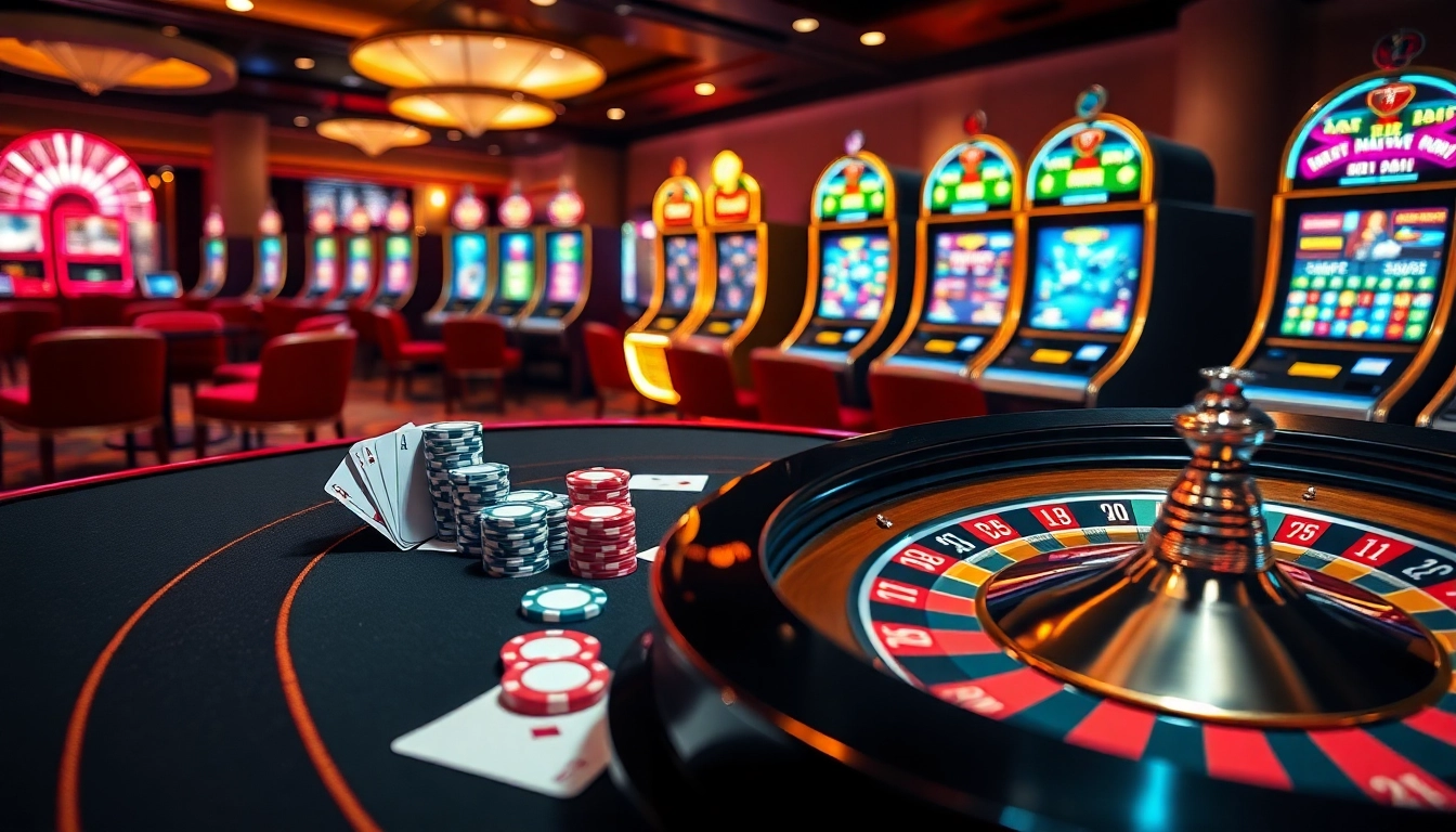 Experience the thrill of high-stakes gambling at NK88 with vibrant poker chips and a roulette wheel.