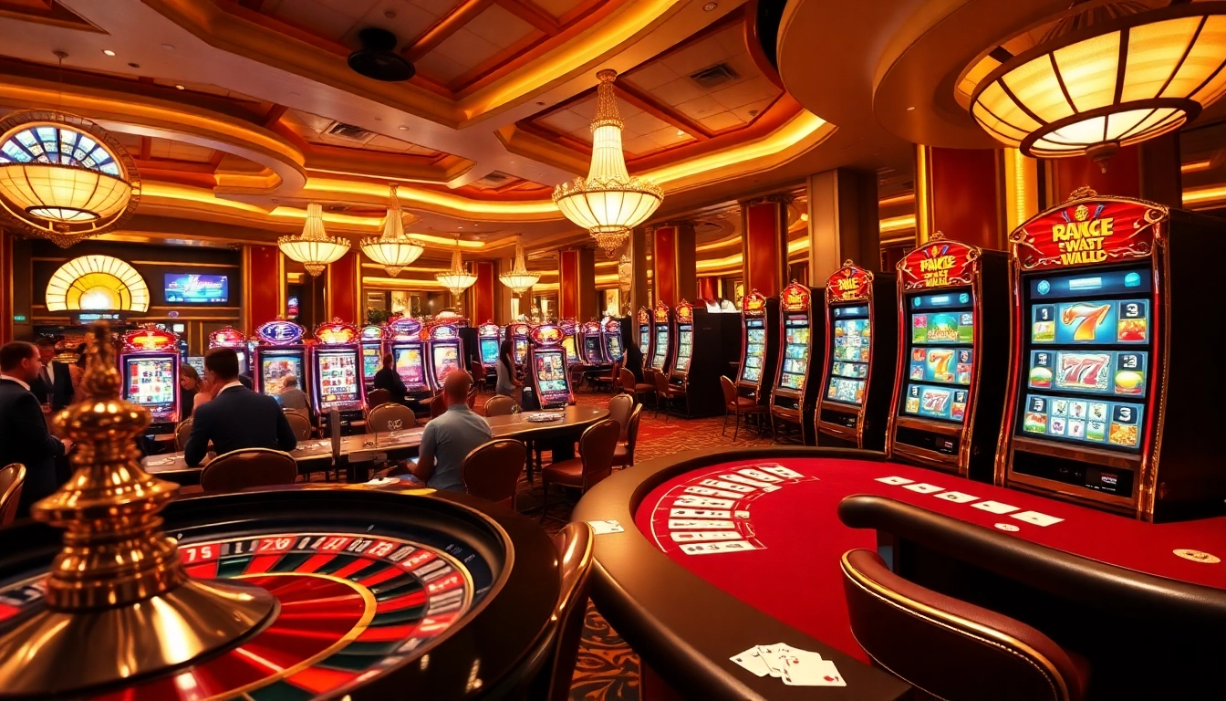 Captivating casino scene featuring idnslot-themed slot machines and poker tables, showcasing excitement and luxury.