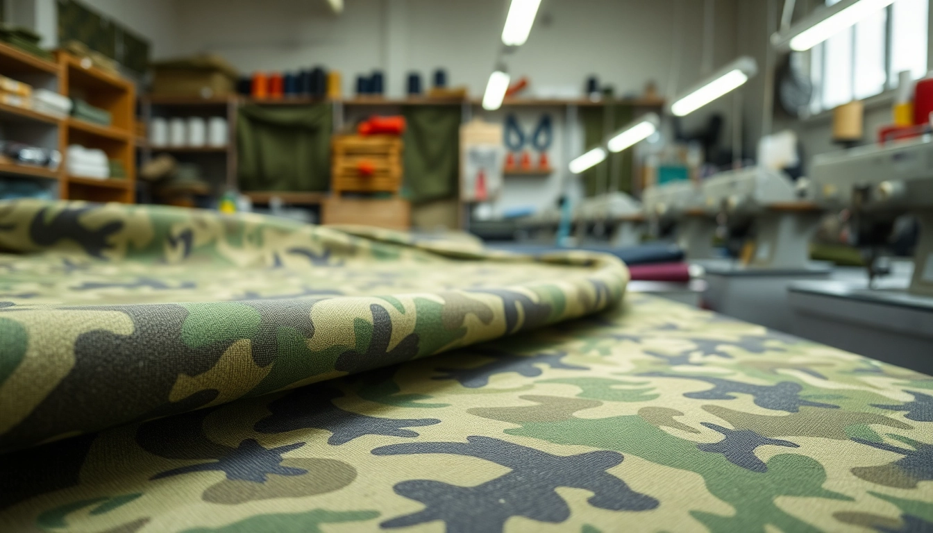 Creëren met legerprint stof in een textielatelier met unieke ontwerpen en stoffen.