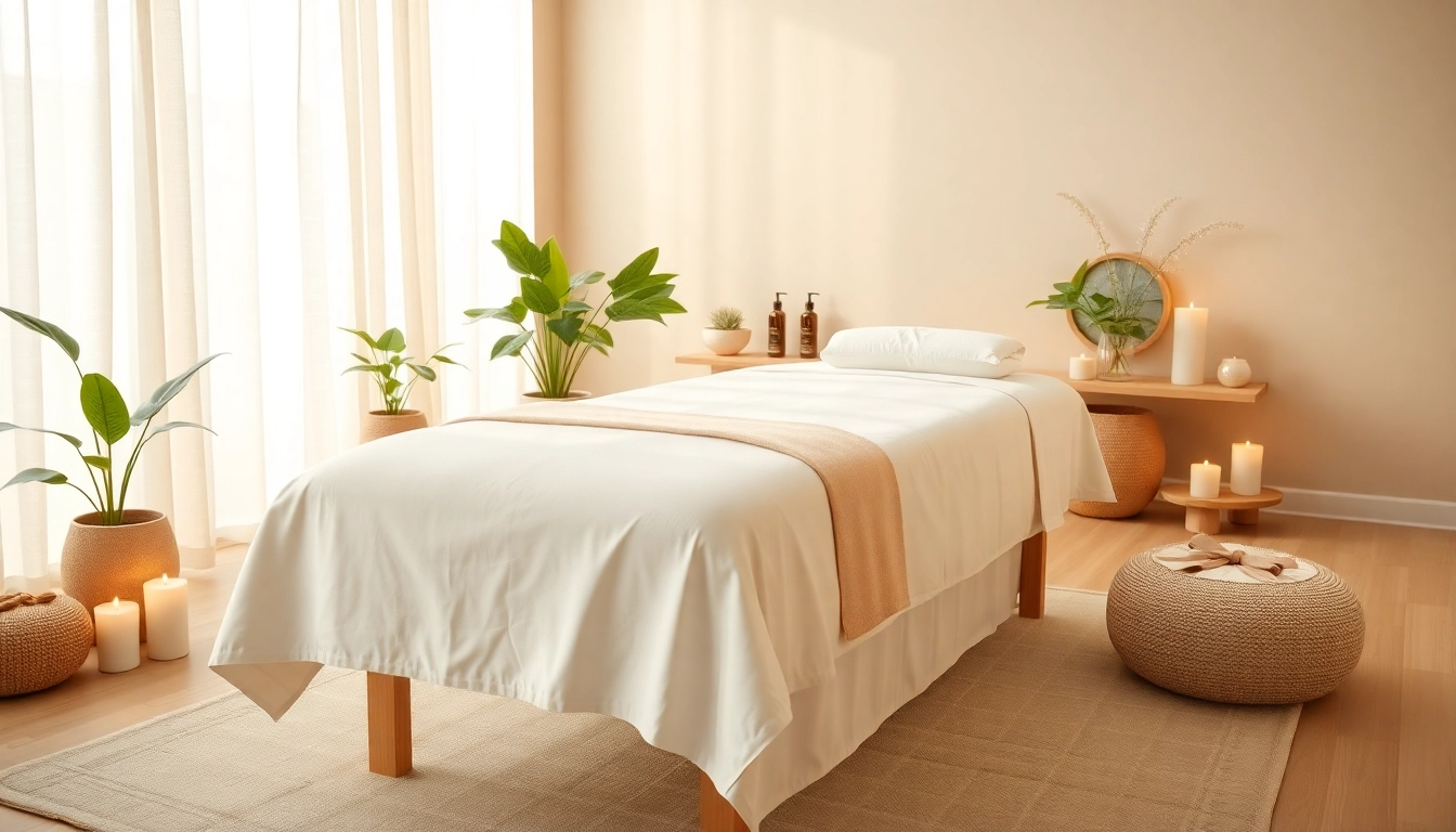 부드러운 린넨과 편안한 장식이 있는 구미스웨디시를 위한 편안한 마사지 룸 설정.