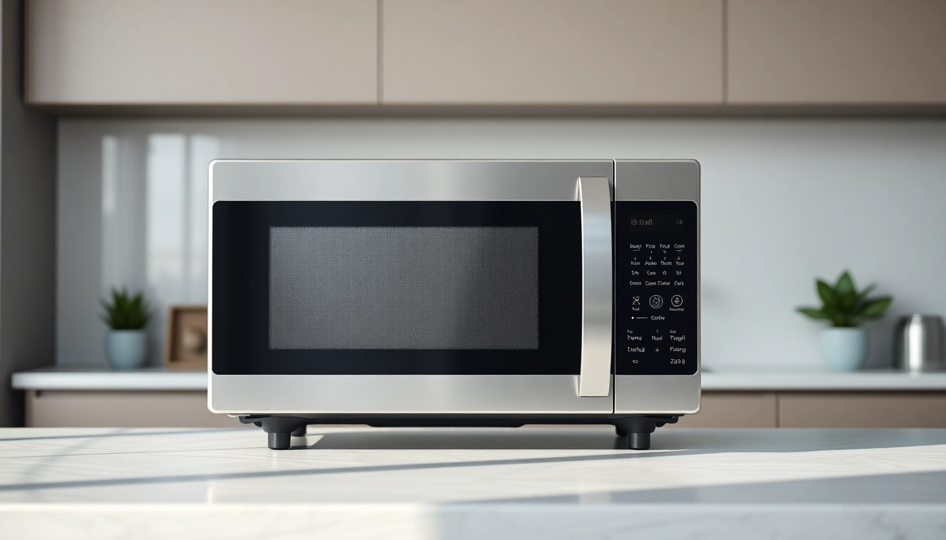 Showcasing a modern microwave oven in a contemporary kitchen, emphasizing its sleek design and functionality.
