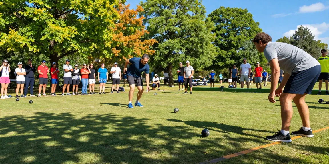 Pertandingan petanque di fopikotapontiana.org dengan pemain dari latar belakang beragam bermain di lapangan terbuka yang cerah.