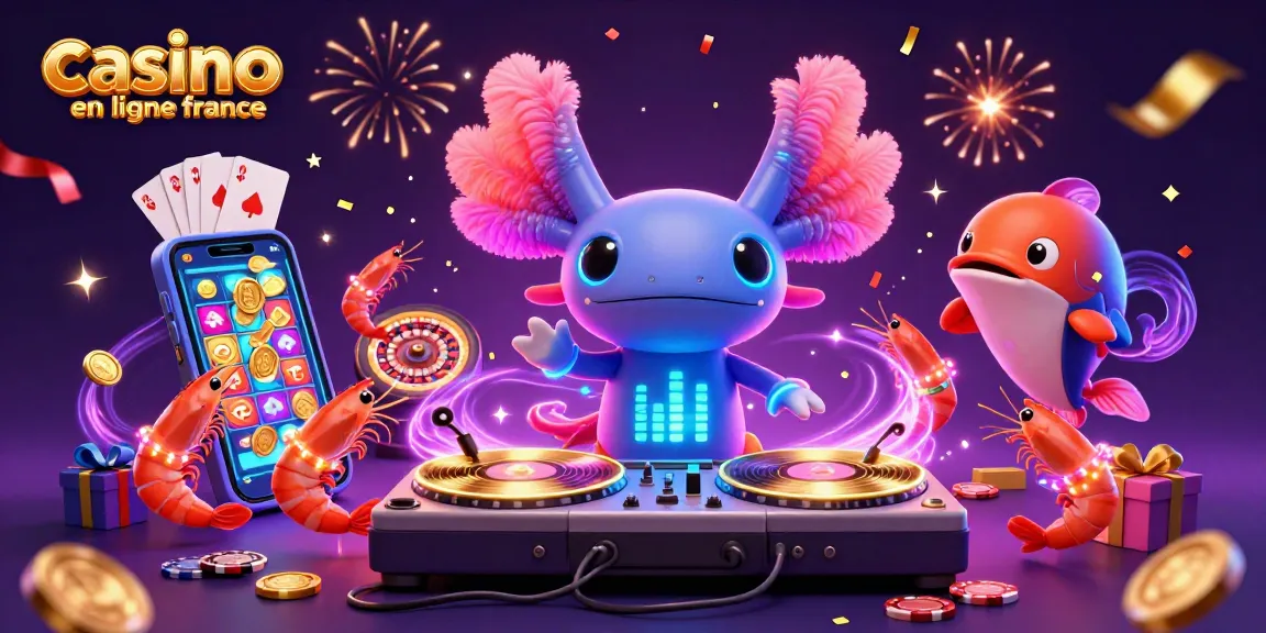 Jouez au casino en ligne France avec une scène dynamique de DJ axolotl et ses amis.
