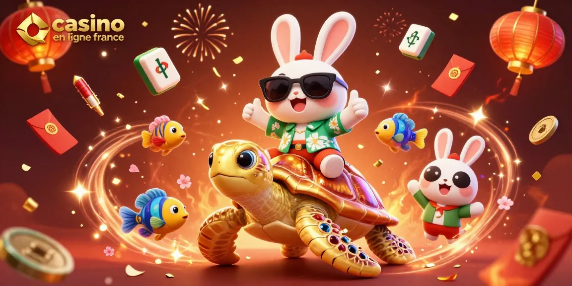 Vibrez à casino en ligne france avec un lapin chanceux et une tortue dorée, entourés d'éléments de jeu.