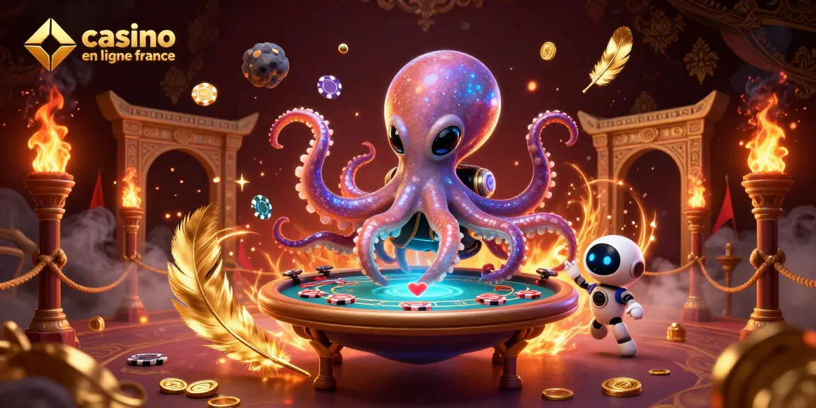 Jouez avec un casino en ligne France : un octopus alien et un robot jouant aux cartes dans un univers coloré.