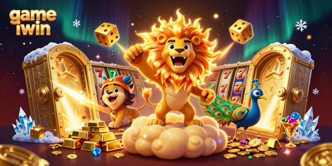 Play the game iwin with vibrant 3D visuals, showcasing dynamic slot reels and gold treasures.