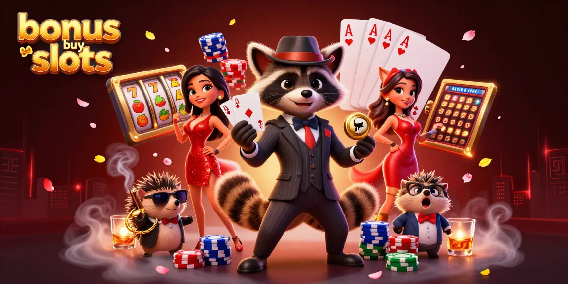 Experience the thrilling world of bonus buy slots with a raccoon and fox in a vibrant casino scene.