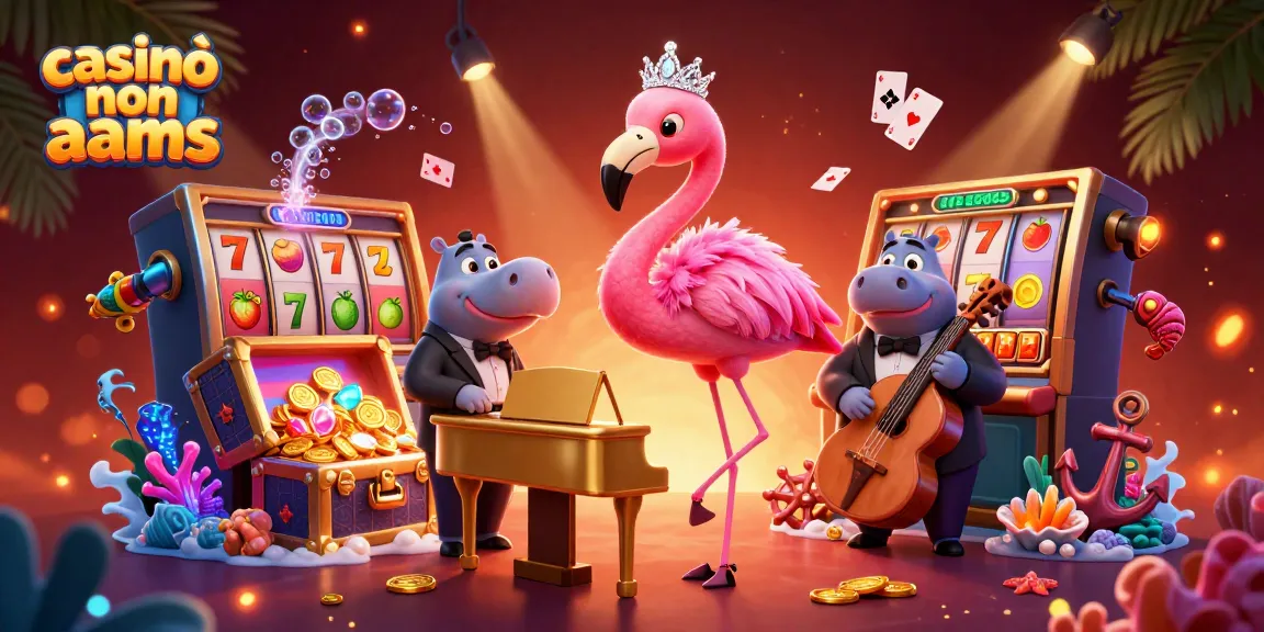 Esplora i casinò non AAMS in un'illustrazione vivace, con un flamingo che canta e simboli di gioco divertenti.