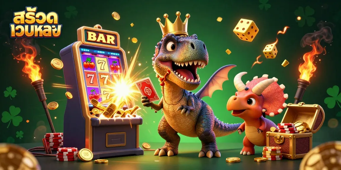 Playing สล็อตเว็บตรง, a friendly T-Rex shuffles cards while a baby triceratops stacks chips in a vibrant casino setting.