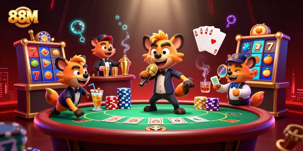 Experience excitement at 88M casino with entertaining hyenas in a vibrant casino scene.