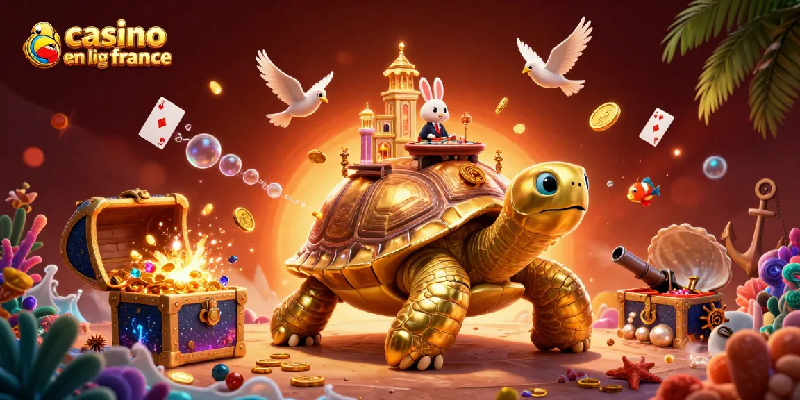 Jouez sur le casino en ligne France avec une tortue dorée et des pièces volantes autour.