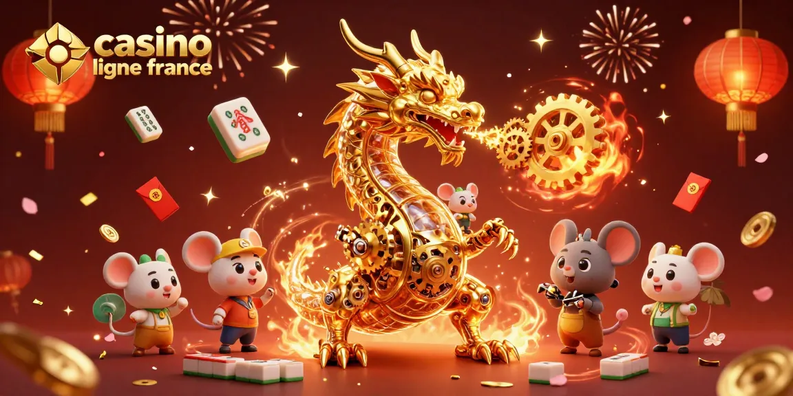 Jouez sur le casino en ligne France avec cette illustration d'un dragon mécanique doré et des éléments festifs.