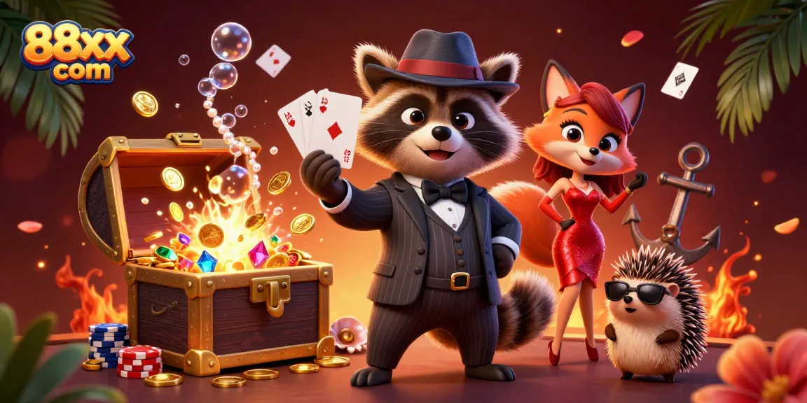 Experience the thrill of winning at 88xx com, as a suave raccoon showcases a royal flush amidst dazzling casino elements.